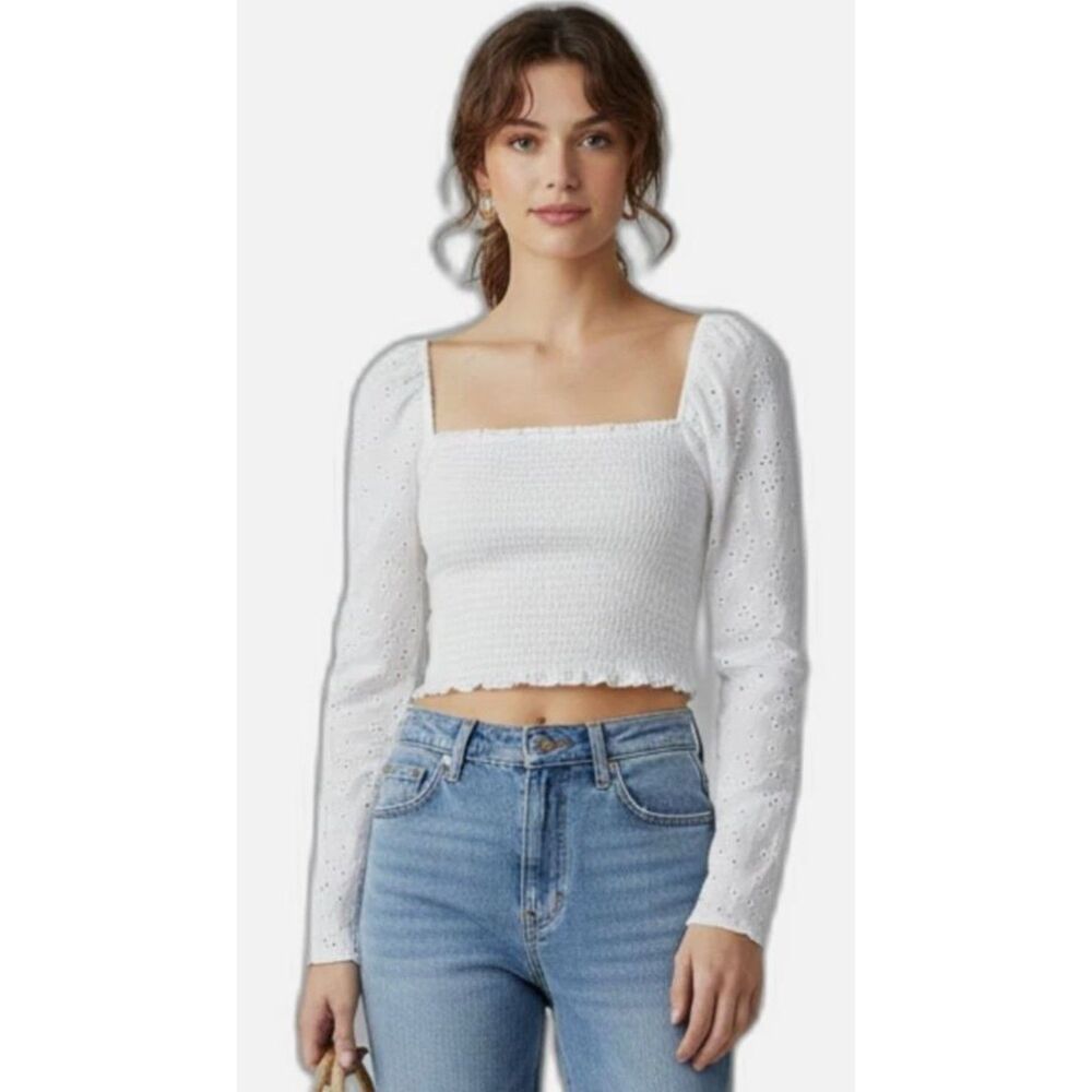 Garage M Cottagecore Romantic White Smocked Eyelet Crop Top Square Neck